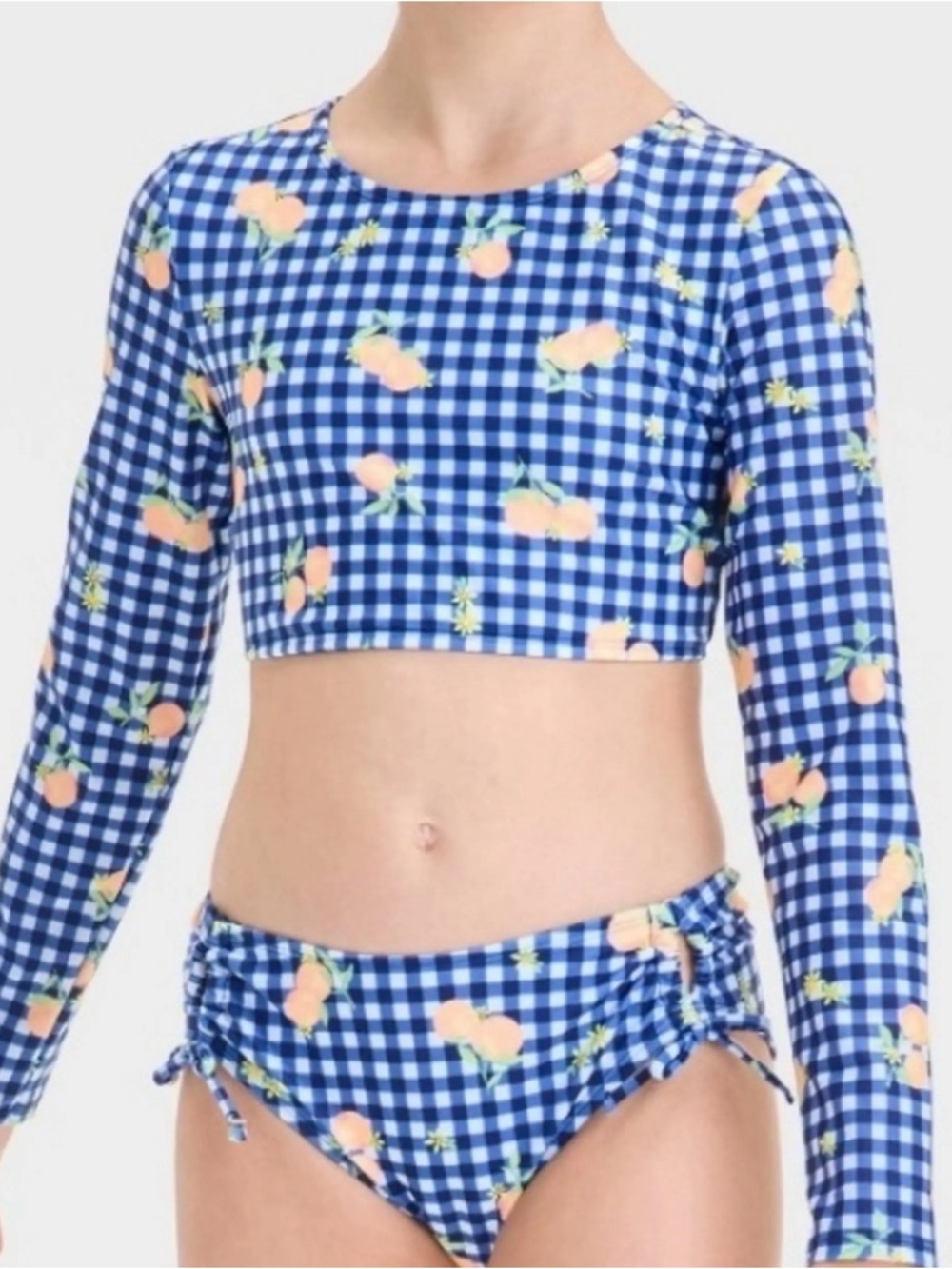 art class Blue Gingham Peach-Print Long-Sleeve Rashguard Set
